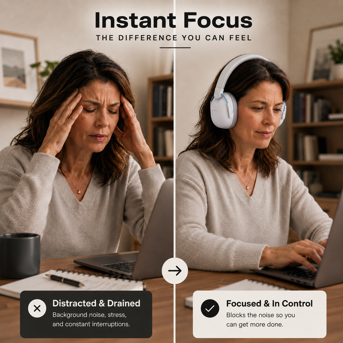 Someone working calmly at a laptop wearing NYXNA Earmuffs Pro