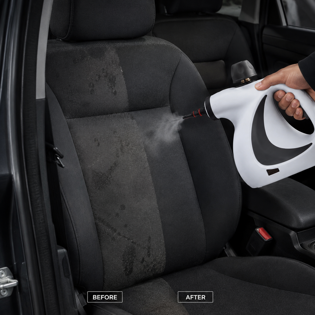A car seat mid-clean: stained fabric on the left half, clean upholstery on the right, with the NYXNA Steamer Pro steaming the boundary.