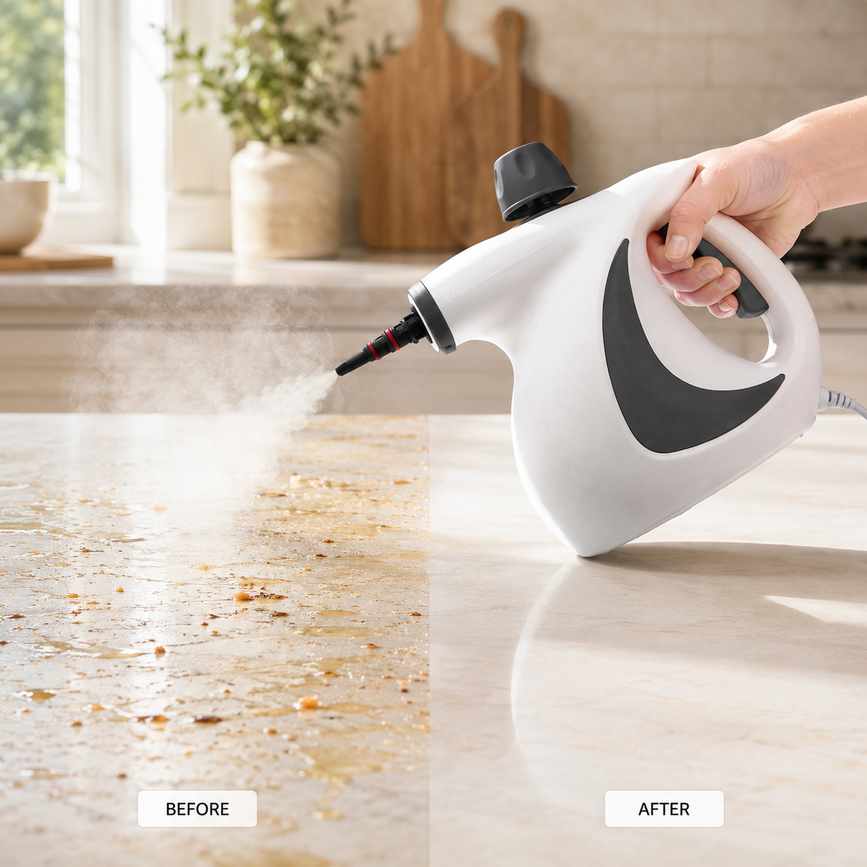 A stone kitchen counter mid-clean: dried spills on the left half, clean stone on the right, with the NYXNA Steamer Pro steaming the boundary.