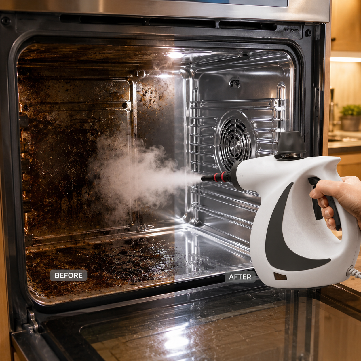 An oven interior mid-clean: burnt-on residue on the left half, clean steel on the right, with the NYXNA Steamer Pro steaming the boundary.