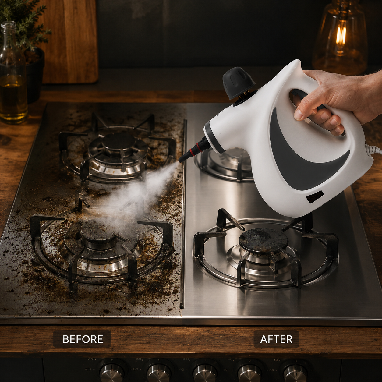 A gas stovetop mid-clean: baked-on grease on the left half, bare stainless steel on the right, with the NYXNA Steamer Pro steaming the boundary.