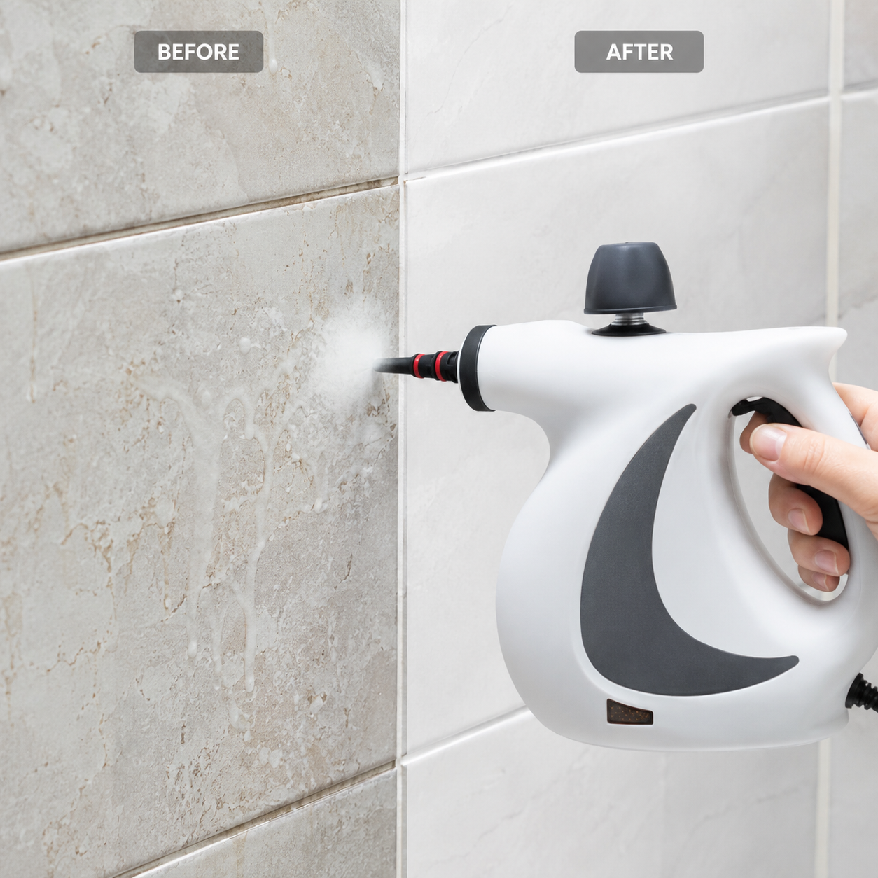 A bathroom tile wall mid-clean: soap scum and water marks on the left, clean tile and grout on the right, with the NYXNA Steamer Pro steaming the boundary.