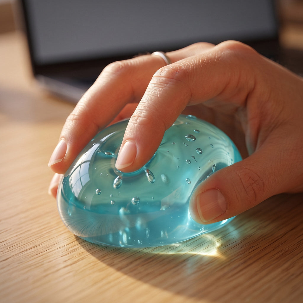 A hand pressing a blue Nyxna gel ball on a desk beside a laptop