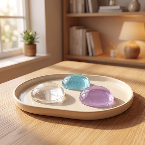Nyxna Balm balls on a ceramic tray on a desk in soft daylight