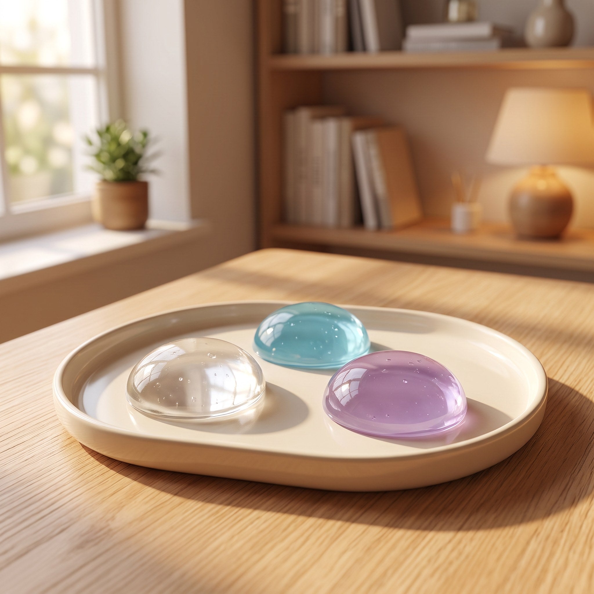 All three Nyxna Press balls on a ceramic tray on a desk in soft daylight